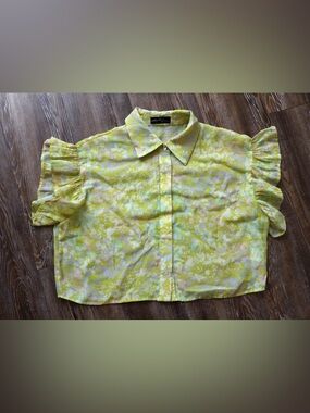 Ontwelfth Womens Bright Volt Yellow Pastel Floral Flutter Sleeve Boho Blouse M